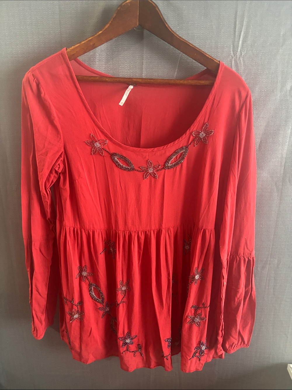 Free People  Embroidered Scoop-Neck Red Tunic Top
